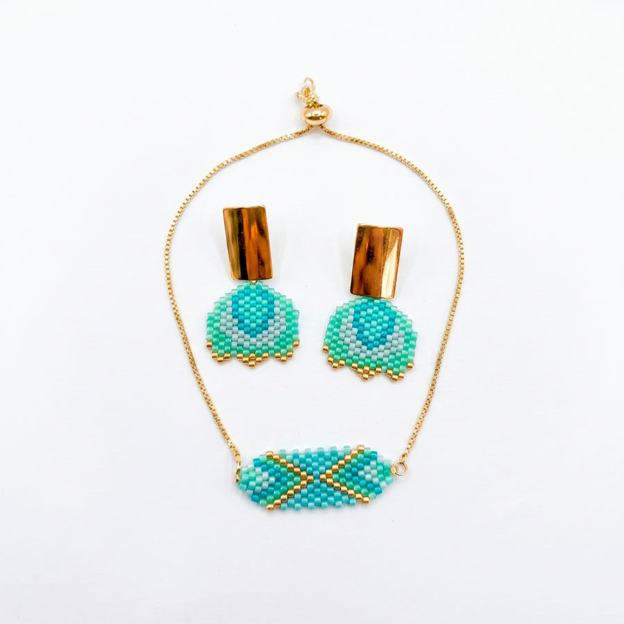 Set de pulsera y aretes tejidos a mano en miyuki